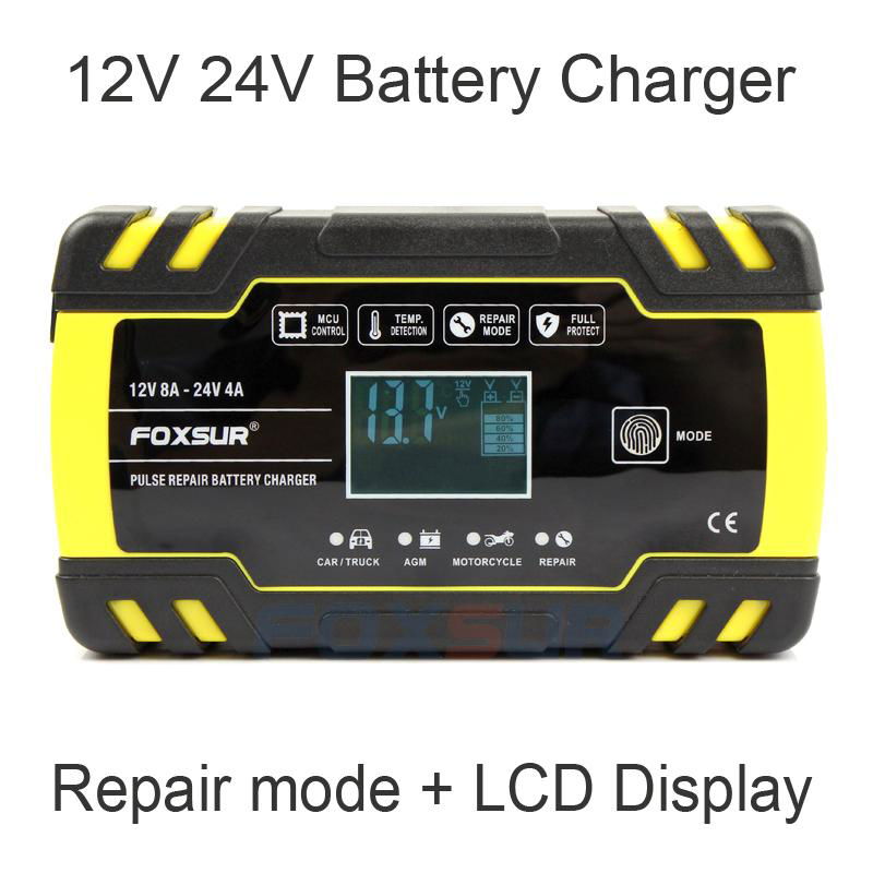FOXSUR 8A Pulse Repair Charger with LCD Display Motorcycle Car Battery Charger