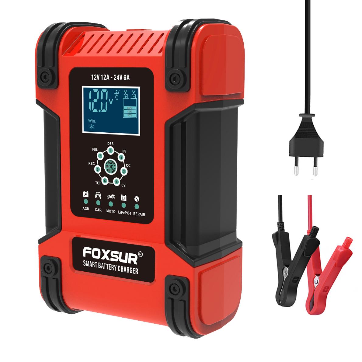 FOXSUR 12A Pulse Repair Charger LiFePO4 Motorcycle Car Battery Charger