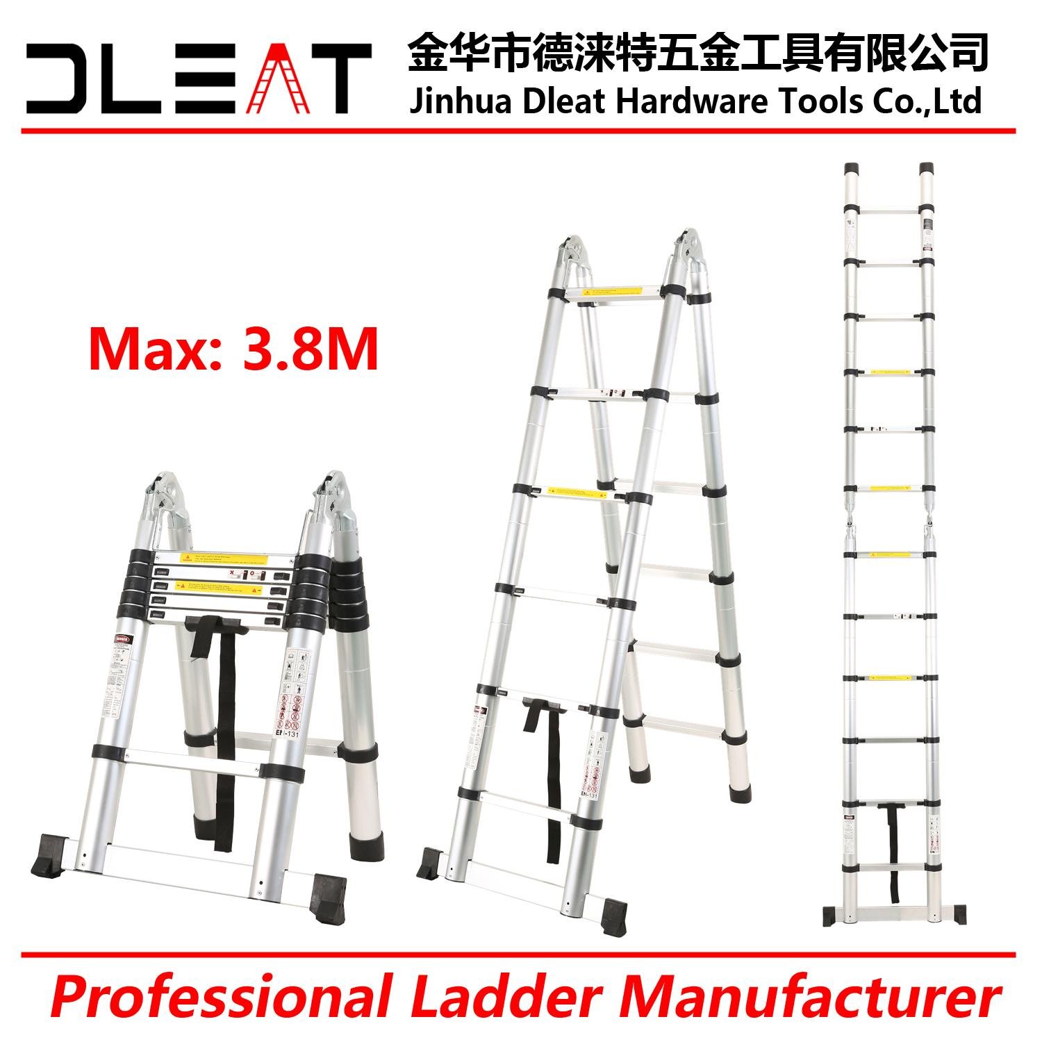 Dleat 1.9m+1.9m aluminum double telescopic ladder