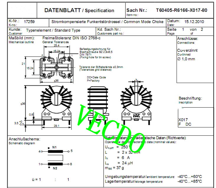 T60405-R6166-X017 ,VAC6166X017 Common Mode Inductor 32mH,6A 5