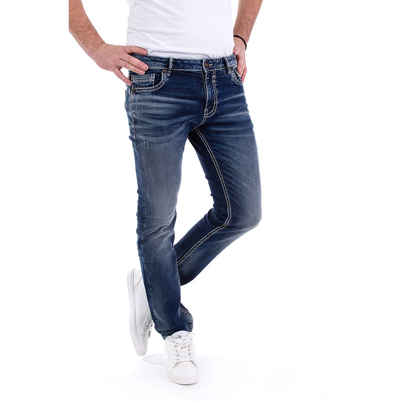 Mens stretch tapered jeans in vintage dark wash man trousers with abrasions Loos 2