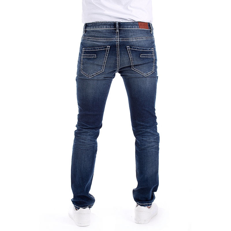 Mens stretch tapered jeans in vintage dark wash man trousers with abrasions Loos 3