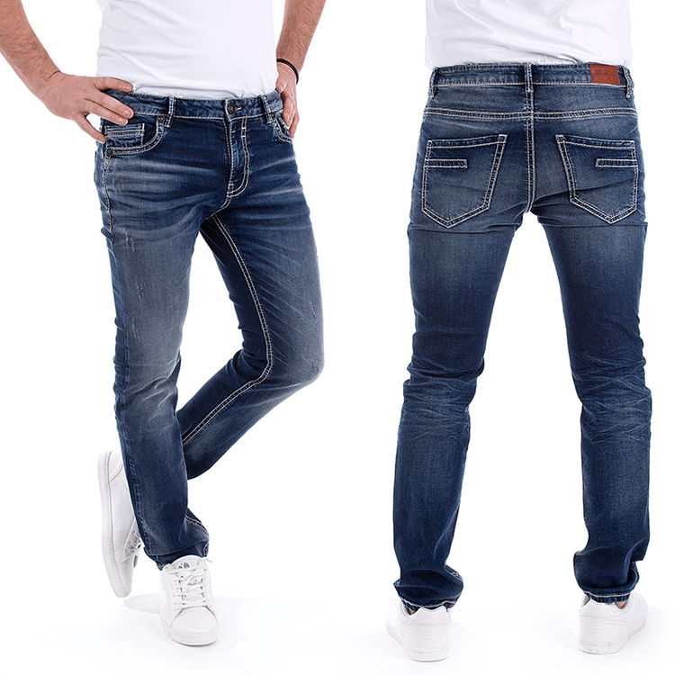 Mens stretch tapered jeans in vintage dark wash man trousers with abrasions Loos
