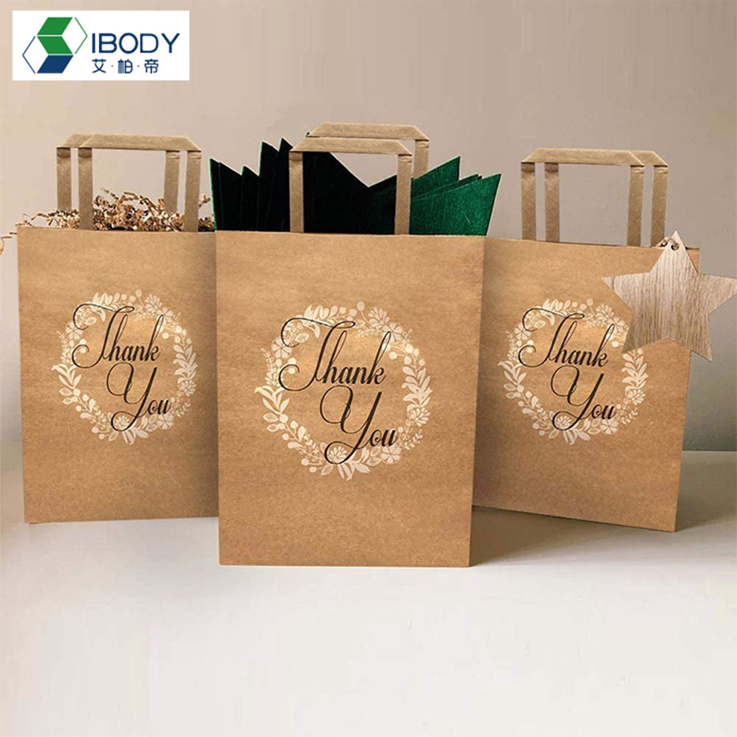 Custom Printed Brown Flat Handle Kraft Paper Shopping Bag With Thank You Logo Re