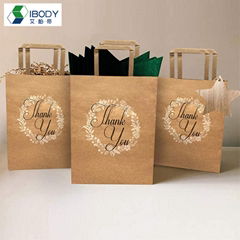 Custom Printed Brown Flat Handle Kraft Paper Shopping Bag With Thank You Logo Re