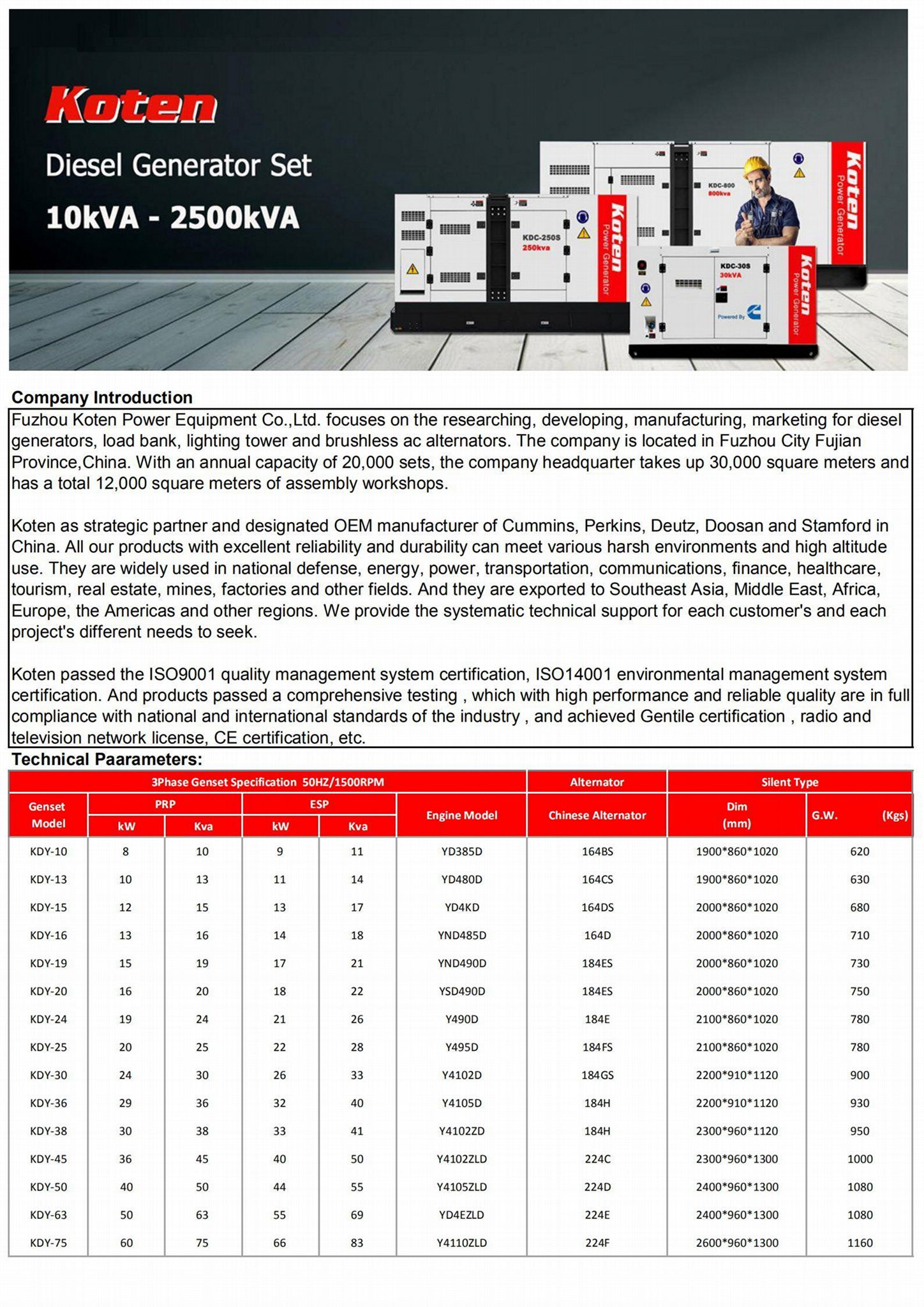 Koten Yangdong Series Diesel Generators10kVA 2