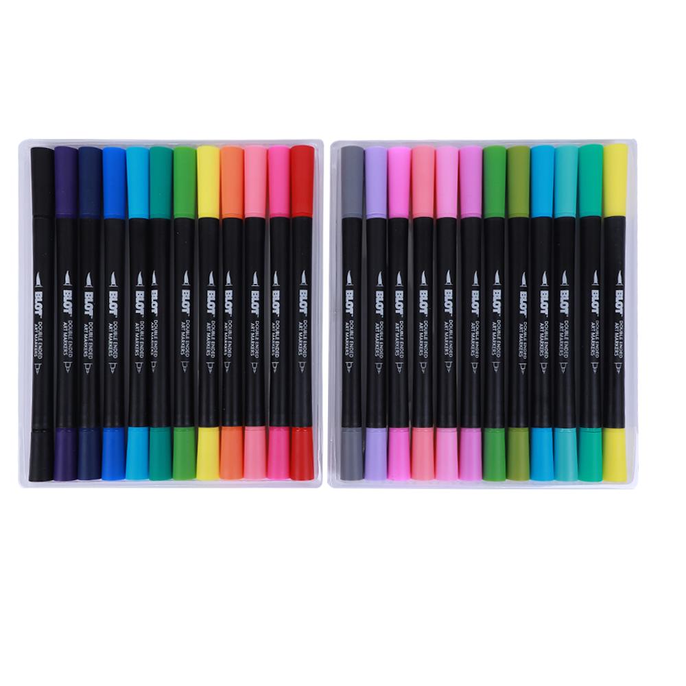 Dual Tip Fineliners & Brush Markers Pens Set, 12 Basic And 12 Bright Color Art M