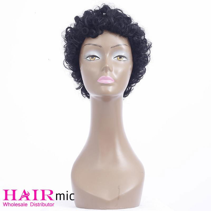 Short Curly Natural black Bouncy human hair Wig machine made