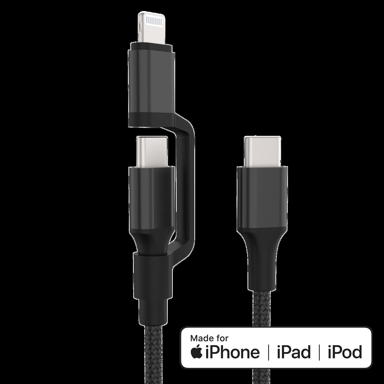 60W PD USB C to USB C and Lightning 2 in 1 Dual Cable, Nylon Black