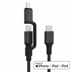 60W PD USB C to USB C and Lightning 2 in 1 Dual Cable, Nylon Black