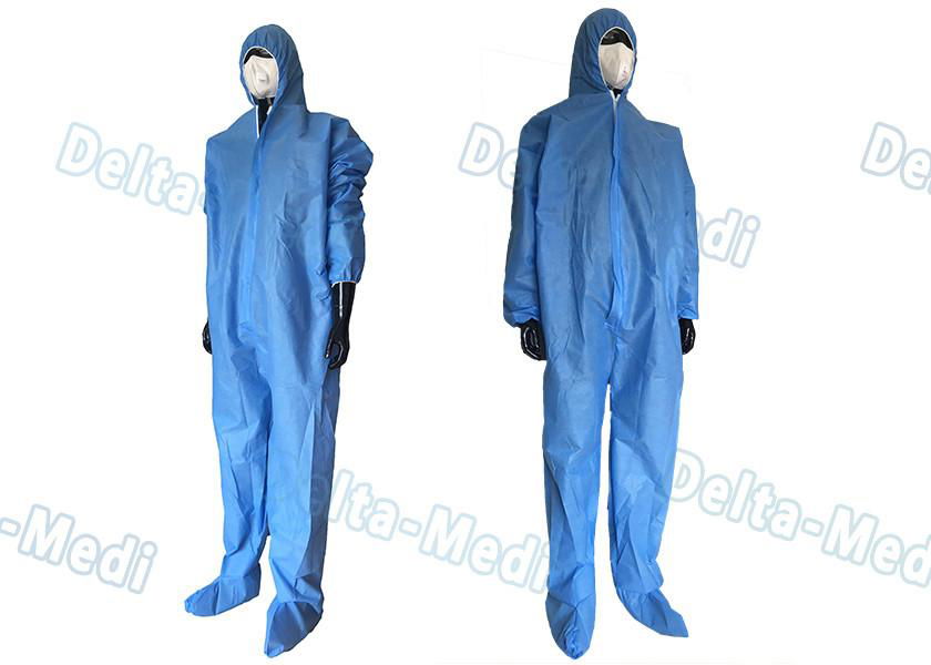 Safe Disposable Coverall Suit , SMS Disposable Blue Coveralls With Hood / Boots 