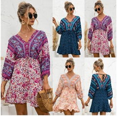 2021 summer new V-neck positioning flower dress