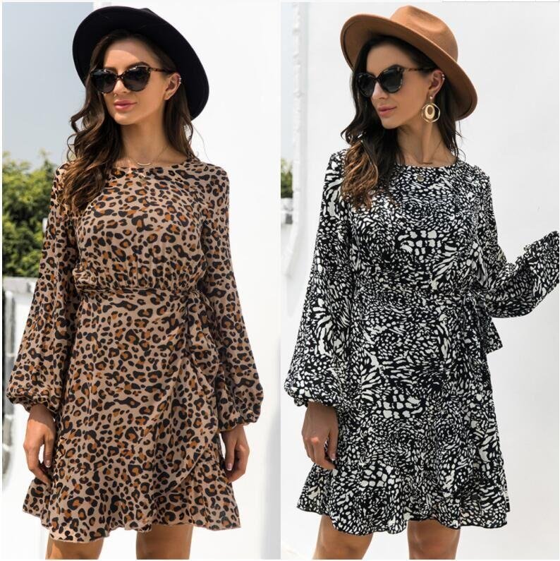 2021 autumn new leopard print ruffled lace-up dress
