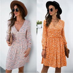 2021 summer new V-neck positioning flower dress