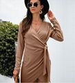 Fall 2021 V-neck tie long sleeve solid color dress 2