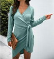 Fall 2021 V-neck tie long sleeve solid color dress