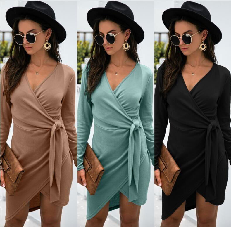 Fall 2021 V-neck tie long sleeve solid color dress