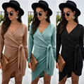 Fall 2021 V-neck tie long sleeve solid color dress 1