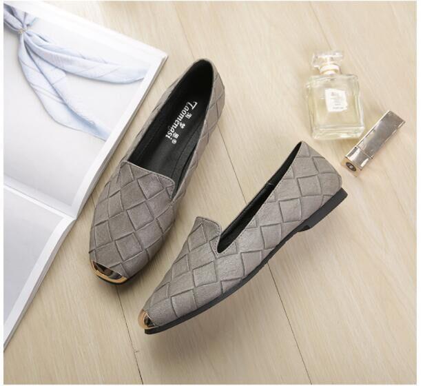 Square toe flat shoes women's imitation plaid woven shallow mouth lazy shoes