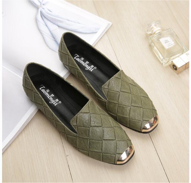 Square toe flat shoes women's imitation plaid woven shallow mouth lazy shoes 5