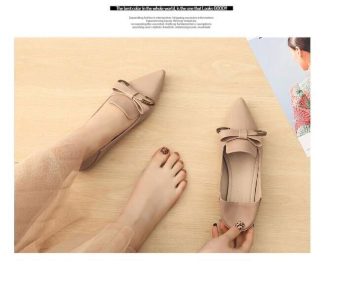 Pointed toe flat shoes women retro bow one pedal 2