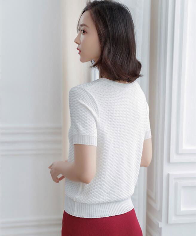 Japanese women's knitwear short-sleeved round neck bottoming shirt  5