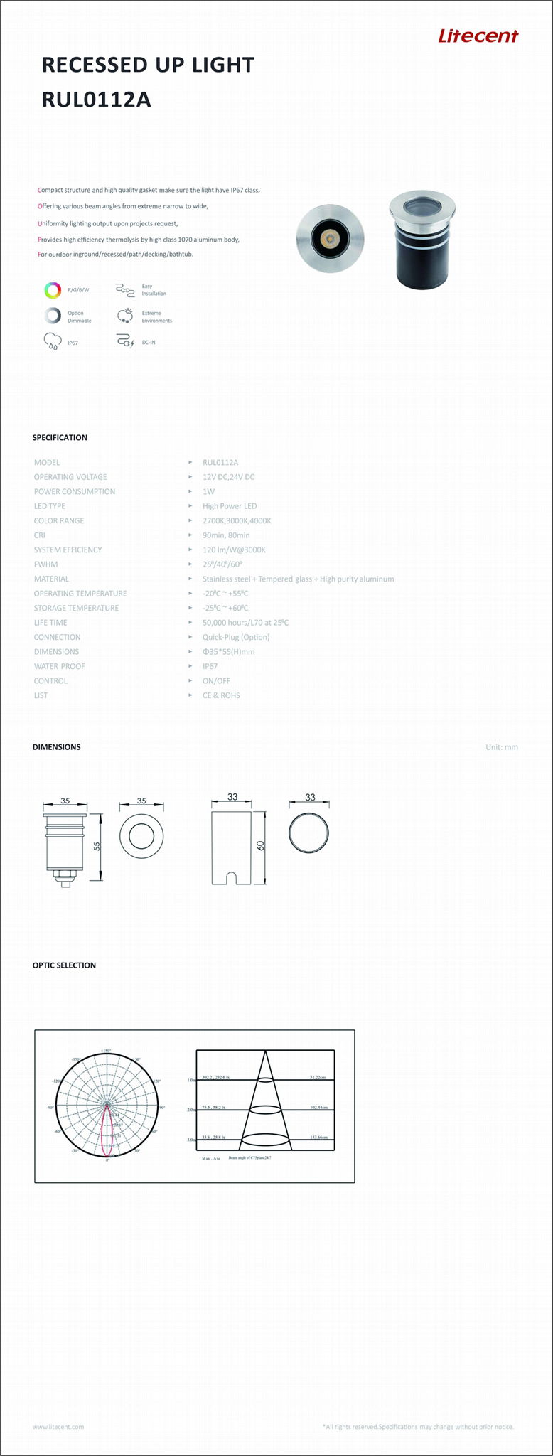 5W In-ground recessed up light with IP67 and anti-glare 5