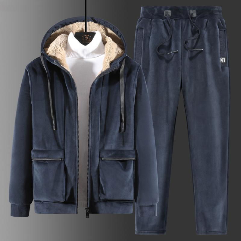 休闲运动套装男2021冬季新款加绒加厚羊羔绒中老年卫衣长裤两件套