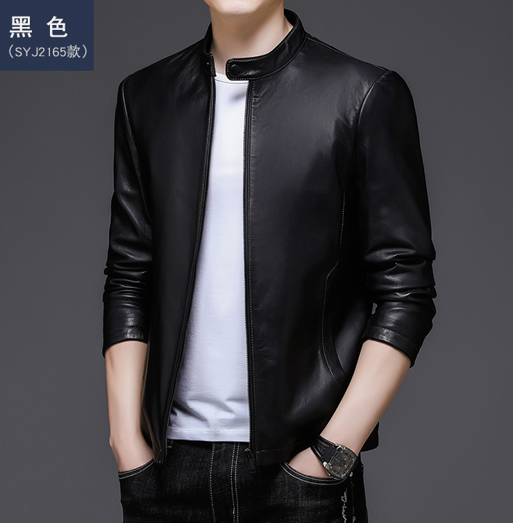 Middle-aged men's spring and autumn stand-up collar leather jacket dad wear tren 3