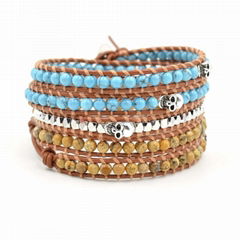 4mm Turquoise And Picture Agate Copper Bead With Skull Wrap Bracelets