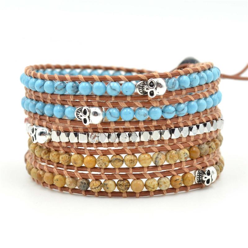 4mm Turquoise And Picture Agate Copper Bead With Skull Wrap Bracelets 2