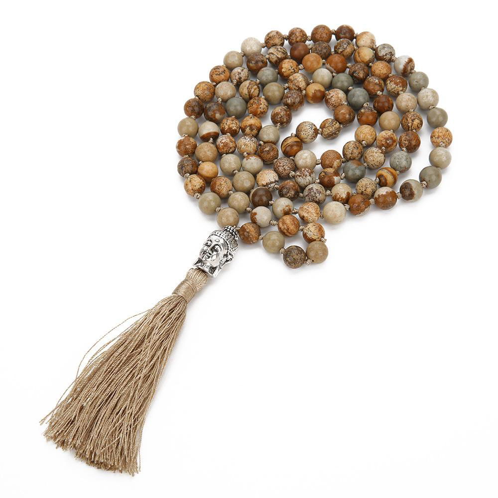 108 Mala Prayer Beads Agate Stone Hand Knotted Tassel Necklace With Buddha 2