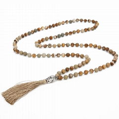 108 Mala Prayer Beads Agate Stone Hand Knotted Tassel Necklace With Buddha