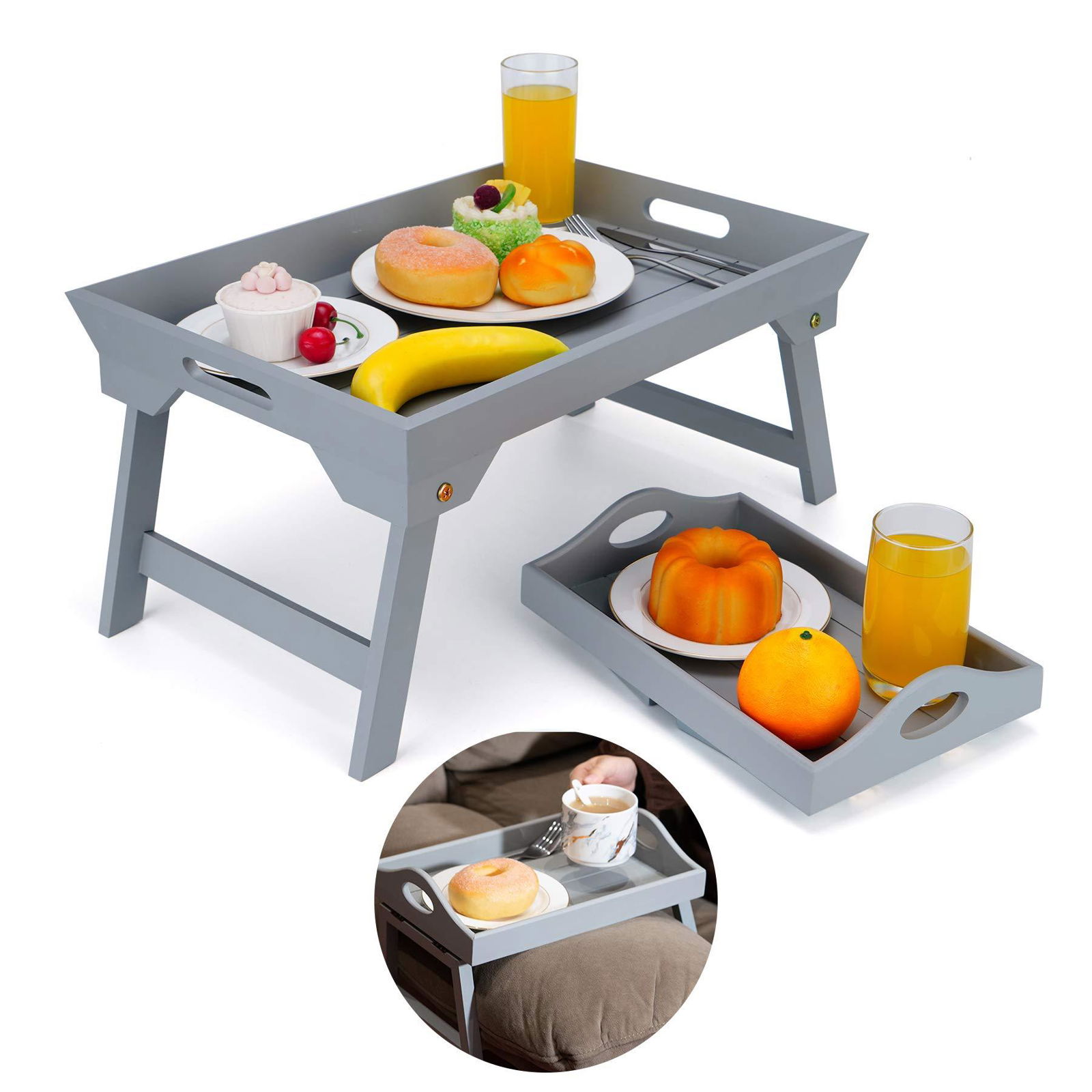 2 PACKS BRAKFAST TRAYS TABLE, WOODEN BED TRAY AND SOFA ARMREST TRAY TABLE SERVIN