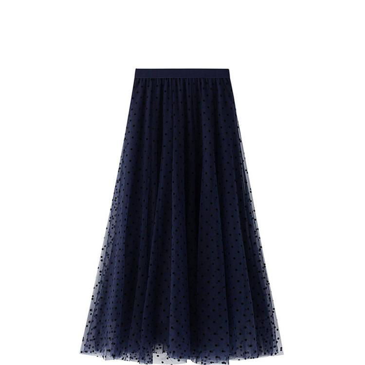 Mesh Flocking Patchwork Elastic High Waist Women Long Tulle Skirt Maxi 4