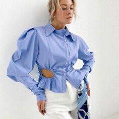 Waist Hollow Out Ruched Women's Tops Shirts Puff Sleeve Ladies Blouses