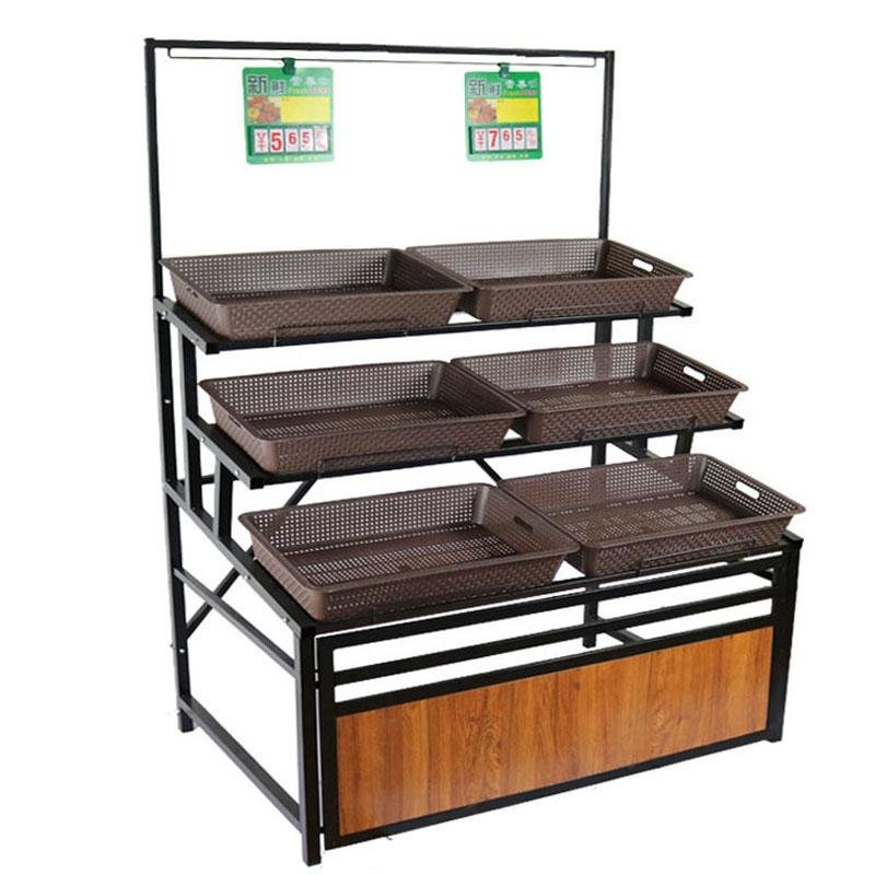 Steel Supermarket Fruit and Vegetable Display Stand for Sale 3 Tire with Basket  2