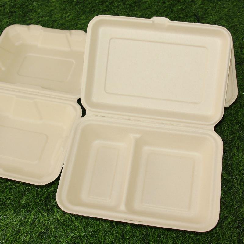 一次性使用環保餐具9x6寸2格雙格外帶連蓋餐盒竹漿紙漿模塑可降解