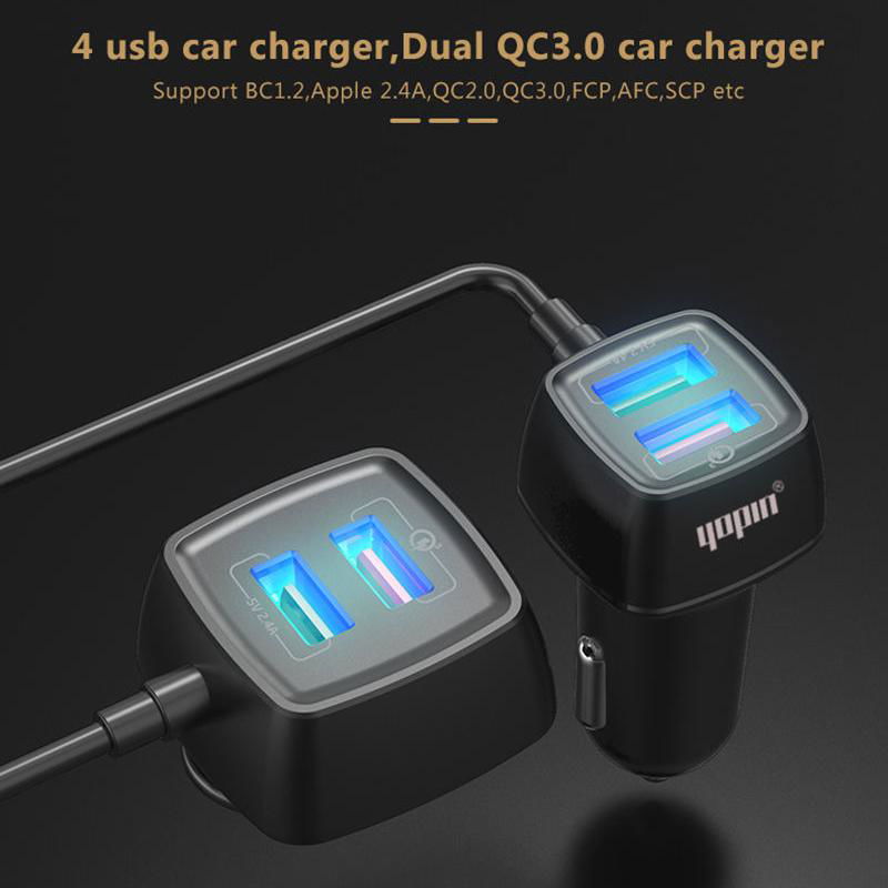 60W 4 USB Car Charger Extension Front Backseat Fast Car Charger for Mobile Phone 3