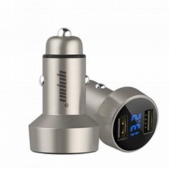 QC 3.0 Dual USB Car Charger LED Voltage Display Car Charger with Zinc Alloy Body