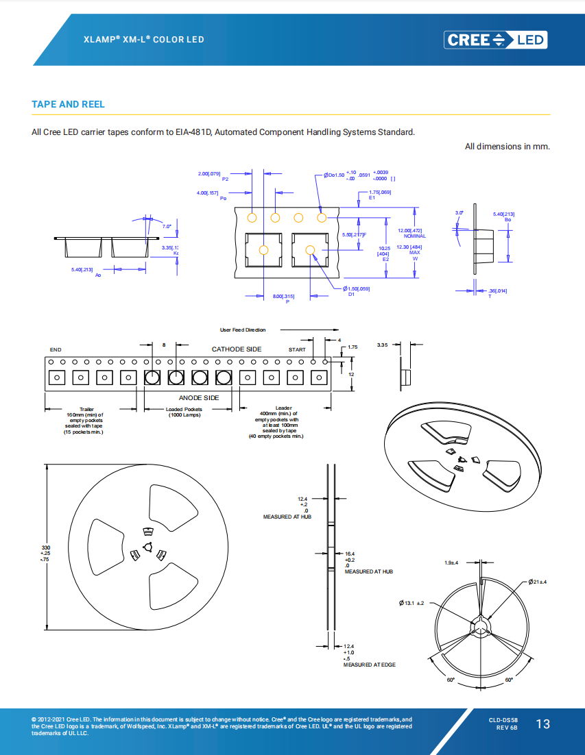 LED投光灯用CREE XML LED全彩四合一5050RGBW灯珠 功率12W 5