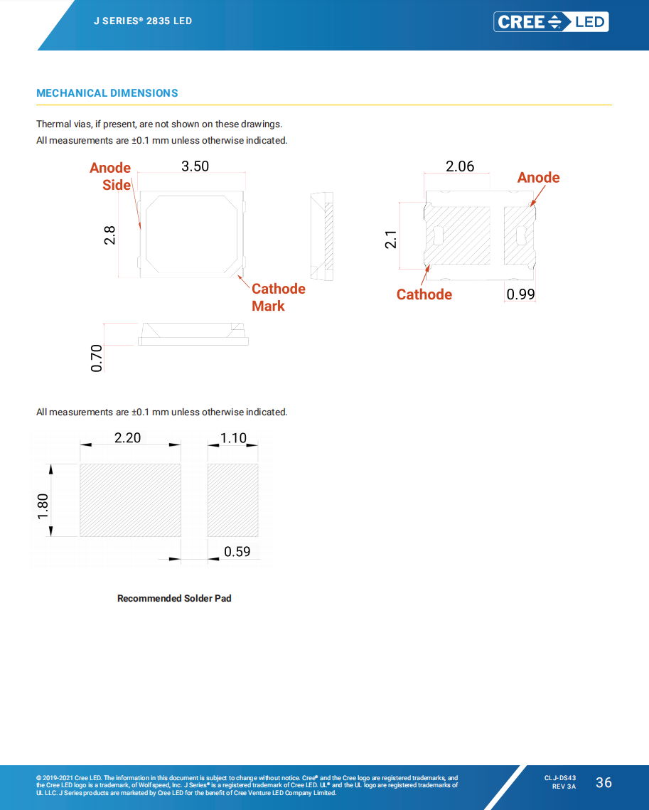 科锐原装贴片LED灯珠CREE2835灯珠  9V 100MA 1W 6500K色温 3