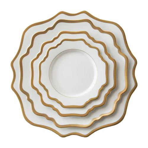 White Ceramic Procelain Charger Dinner Side and Bread Plate Set With Gold Rim