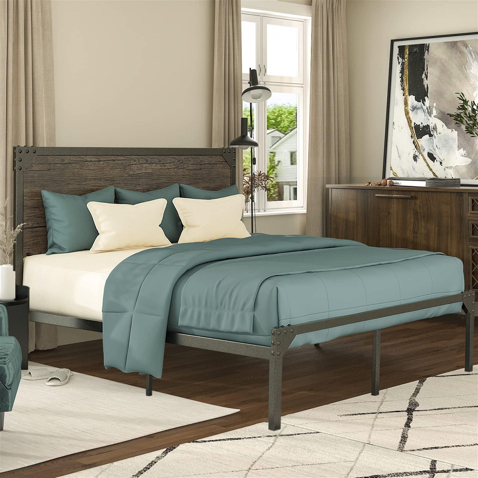 Umikk Upholstered Linen Bed with Tufted Wingback Design and Wooden Leg 4