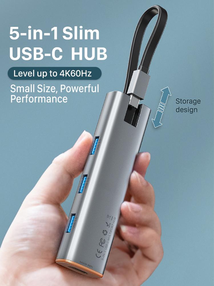 CABLETIME Slim 5 in 1 USB C HUB to HDMI-compatible 4K 60Hz PD 100W USB 3.0 5Gbps