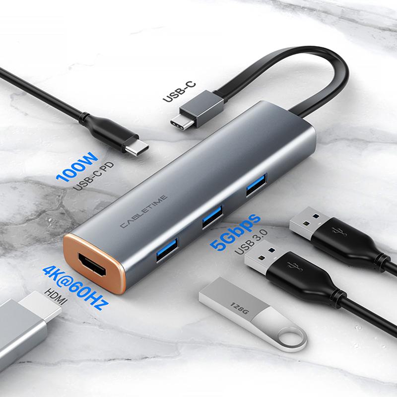 CABLETIME Slim 5 in 1 USB C HUB to HDMI-compatible 4K 60Hz PD 100W USB 3.0 5Gbps 2