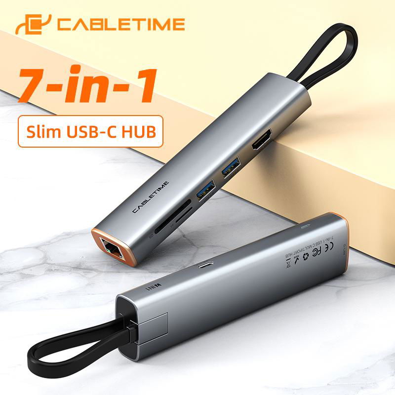 CABLETIME 7 in 1 Slim USB HUB Type C to 4K HDMI RJ45 1000Mbps PD 100W OTG SD TF 