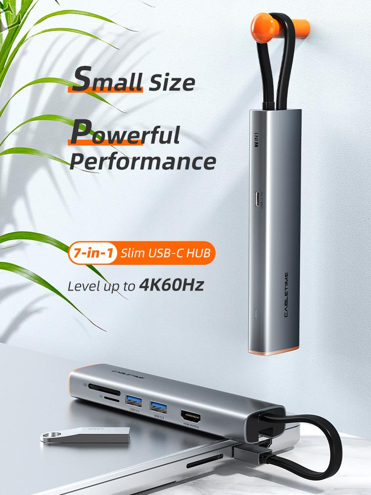 CABLETIME 7 in 1 Slim USB HUB Type C to 4K HDMI RJ45 1000Mbps PD 100W OTG SD TF  3