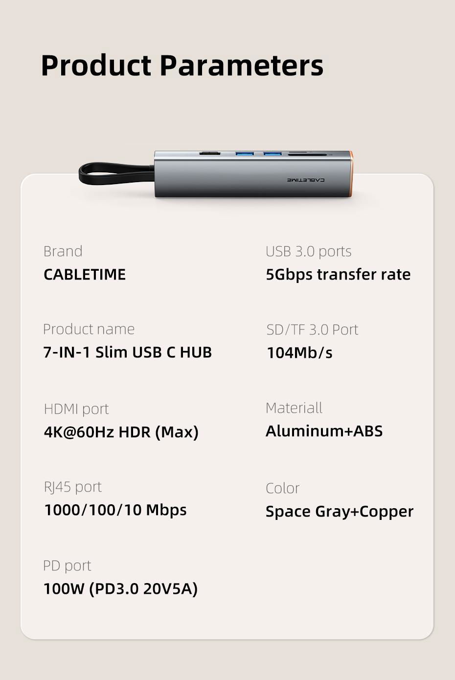 CABLETIME 7 in 1 Slim USB HUB Type C to 4K HDMI RJ45 1000Mbps PD 100W OTG SD TF  4