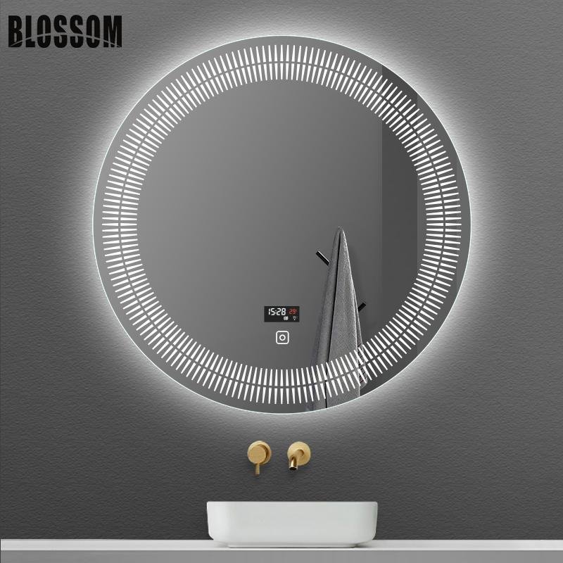 Round Luxury Mounted Time Display Defogger Bathroom LED SmartMakeup Mirror